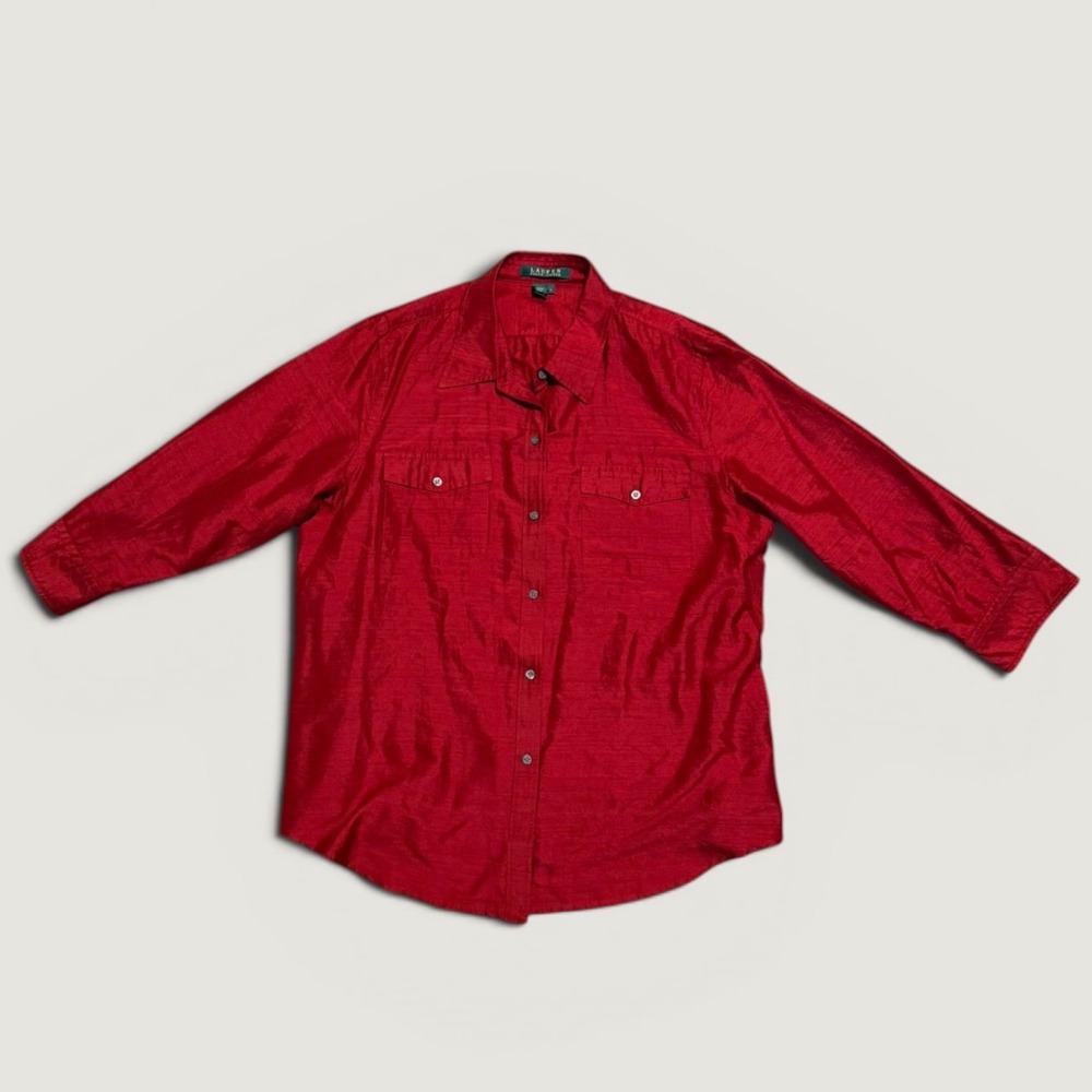 Lauren Ralph Lauren Red 100% Silk Button Down Shirt Size 14 Textured Raw Silk